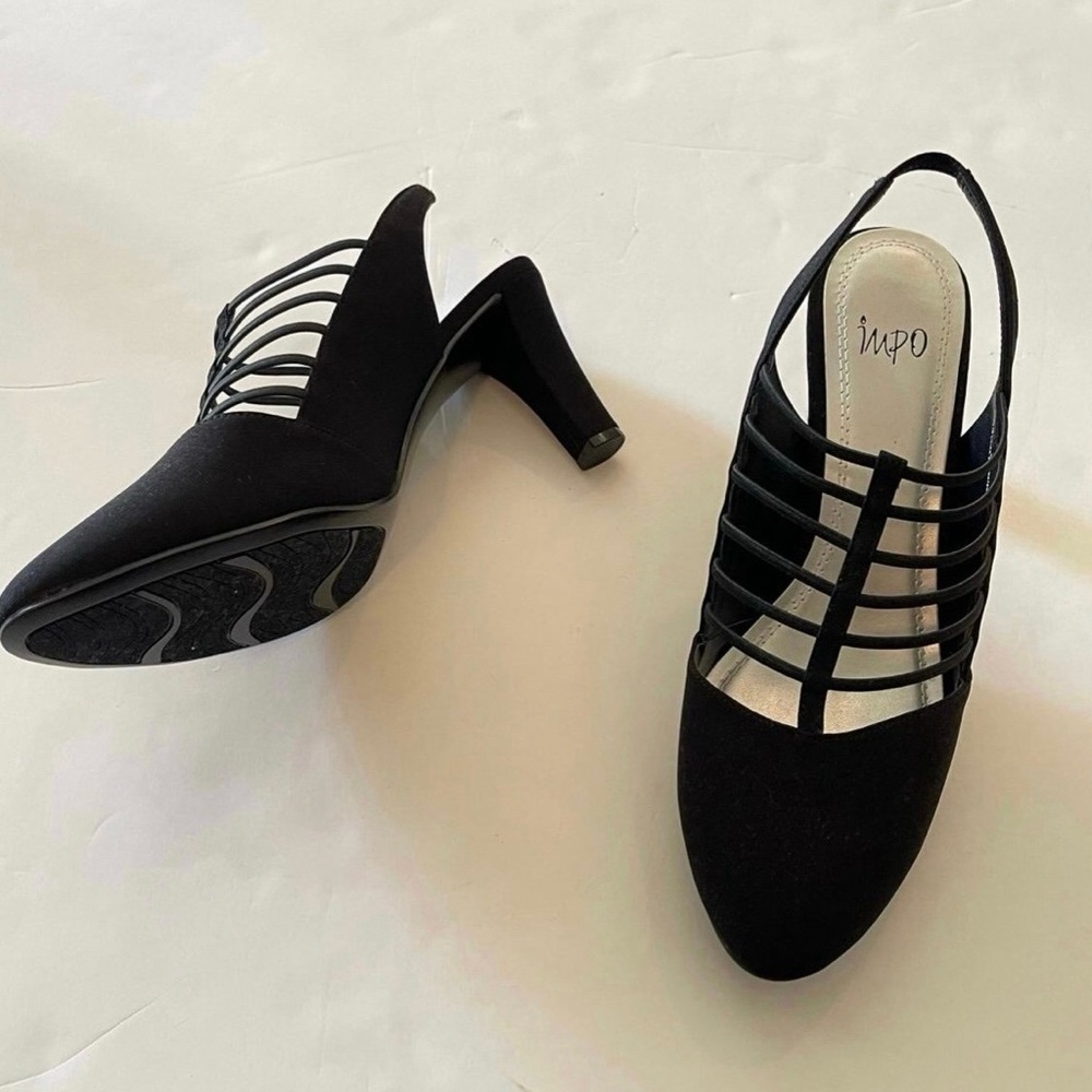 Strappy Black Elastic Heeled Textile Upper Women's Black Slingback Sandals Heels